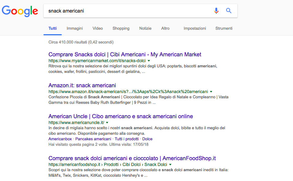 serp di ricerca per snack americani